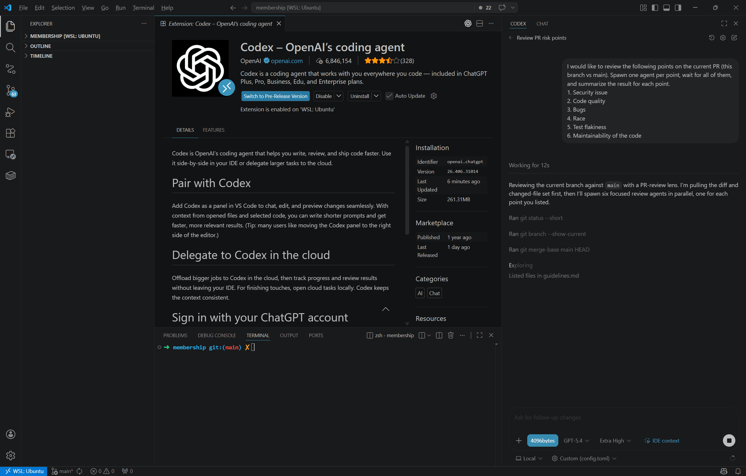 VS Code extension interface with Codex chat and extension details